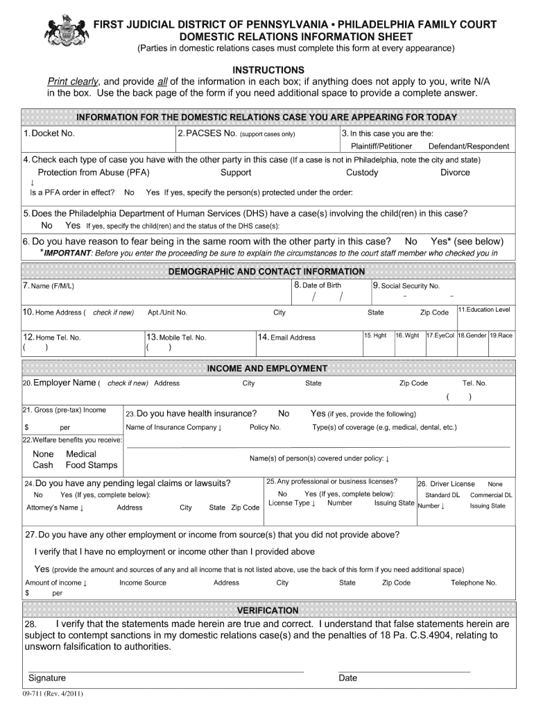 Get and Sign Philadelphia Domestic Relations Information Sheet 2011-2022