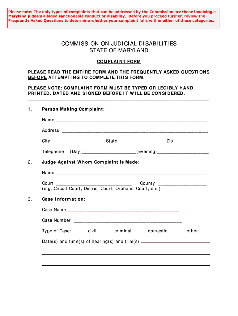 Maryland Judicial Complaint  Form