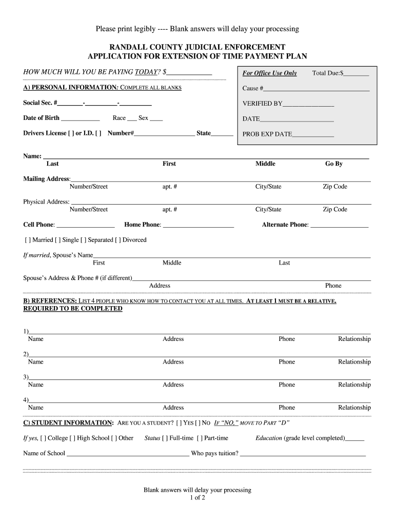 Randall County Judicial Enforcement Department Criminal Court Collections Form