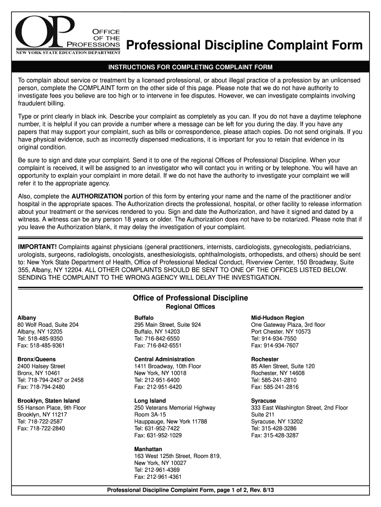  Nys Professional Discipline Complaint Form 2012