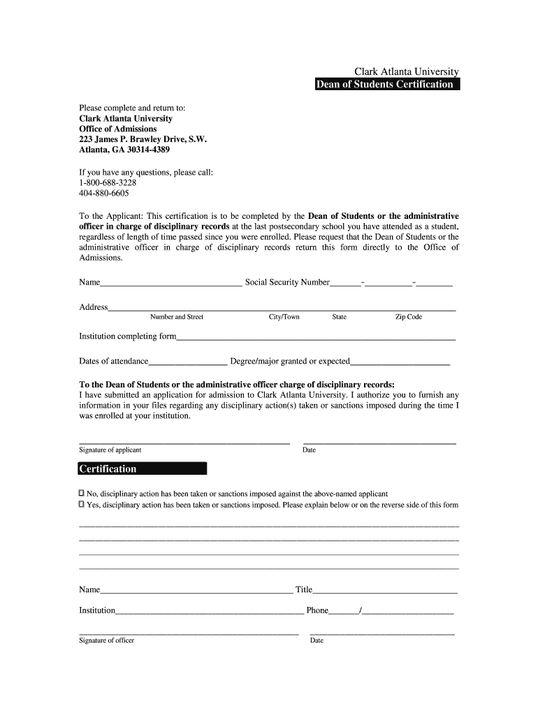 Clark Atlanta Dean Certification Form