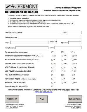 Provider Resource Materials Request Form Vermont Department of Healthvermont