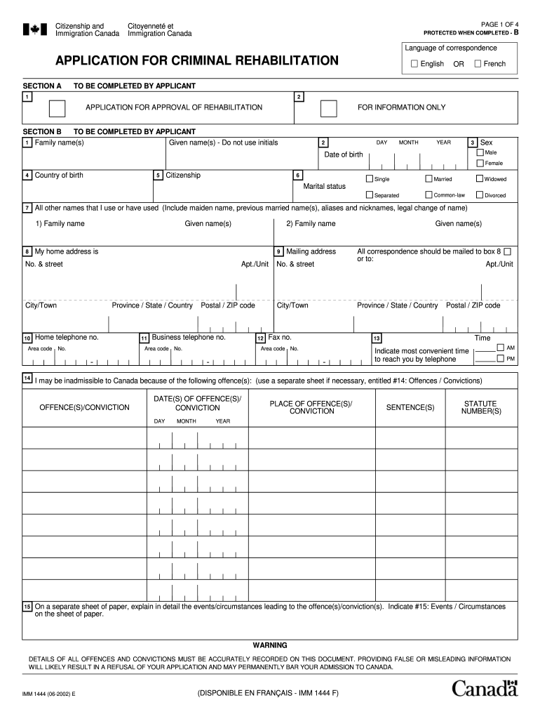  Application for Criminal Rehabilitation Imm 1444 Form 2002