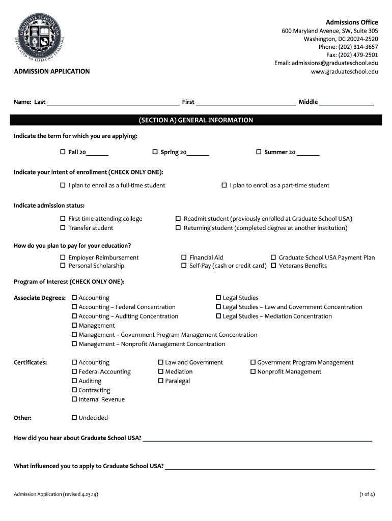 Admissions Office ADMISSION APPLICATION SECTION a Graduateschool  Form