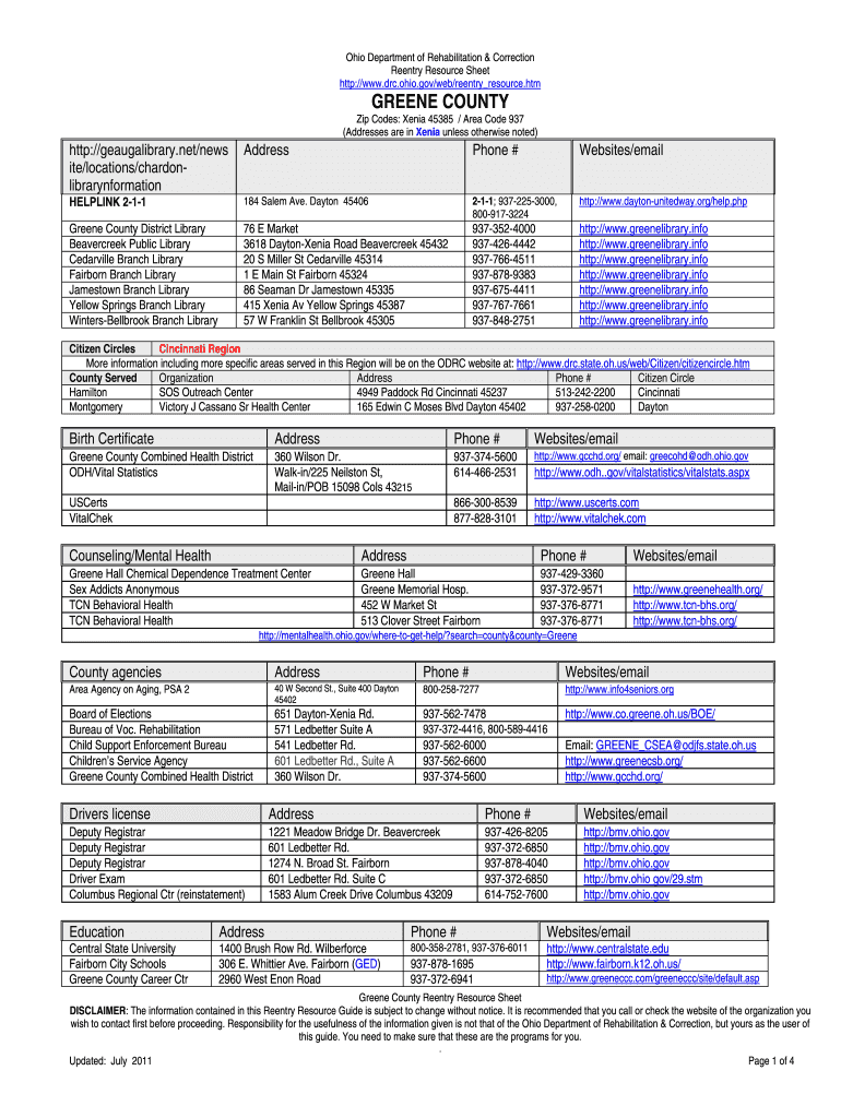 GREENE COUNTY Ohio Department of Rehabilitation and Drc Ohio  Form