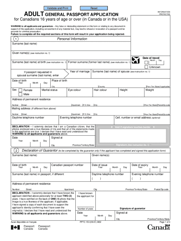  Pptc 153 Adult General Passport Application Form 2001