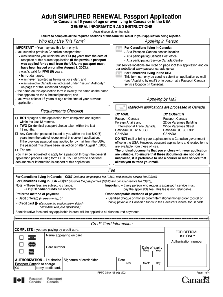  Canada Adult Simplified Renewal Passport Application 2009-2024