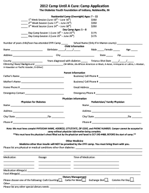Camp until a Cure Camp Application the Diabetes Youth Foundation of Indiana, Noblesville, in Residential Camp Overnight Ages 7 1  Form