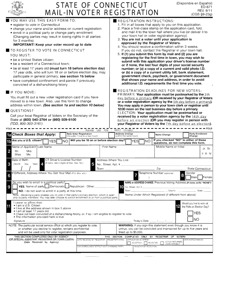 STATE of CONNECTICUT MAIL in VOTE R REG is TR ATION Westhartford  Form