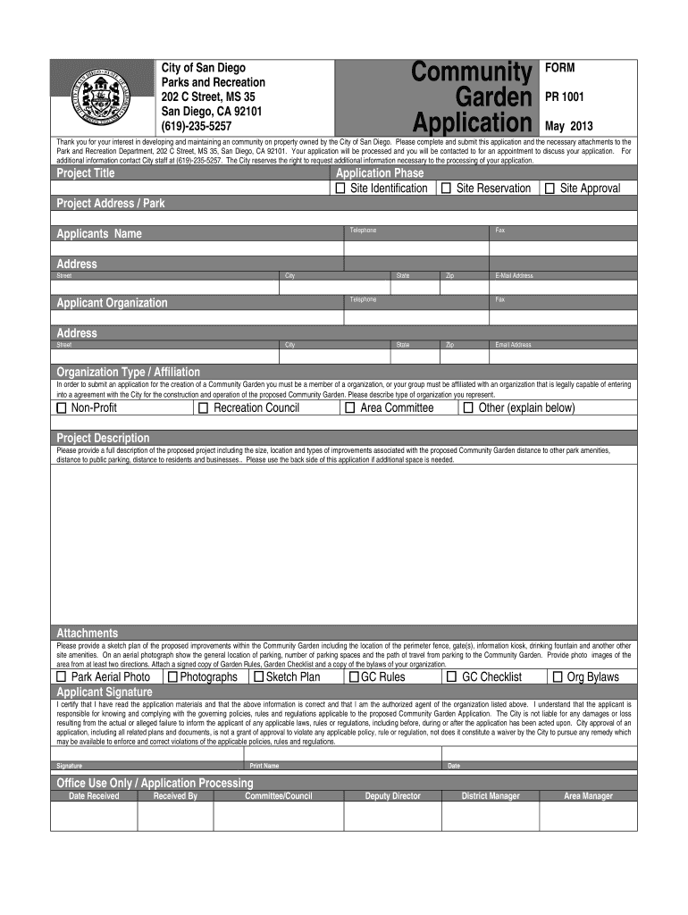 Community Garden Application City of San Diego Sandiego  Form