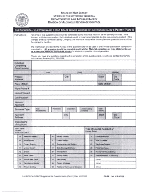 State of Nj Division of Alcoholic Beverage Control Supplemental Questionnaire Part 1 Form
