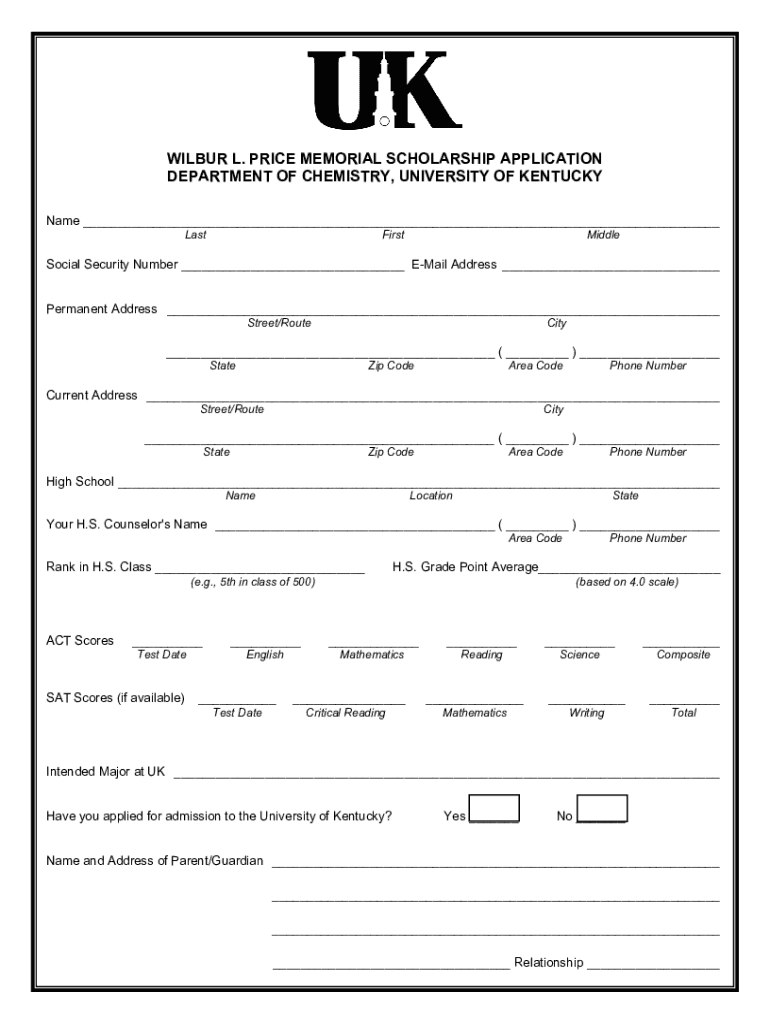 Price Application Form Chemistry University of Kentucky