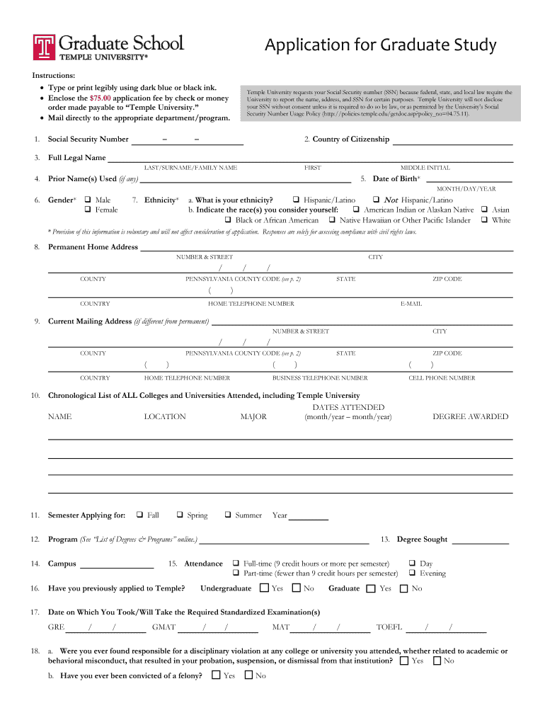 Application for Graduate Study Temple University Temple  Form