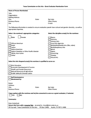 Texas Commission on the Arts Grant Evaluator Nomination Form Arts Texas