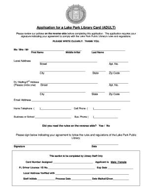 Application for a Lake Park Library Card ADULT Lakepark Fl  Form