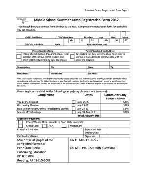 Middle School Summer Camp Registration Form Bk Psu