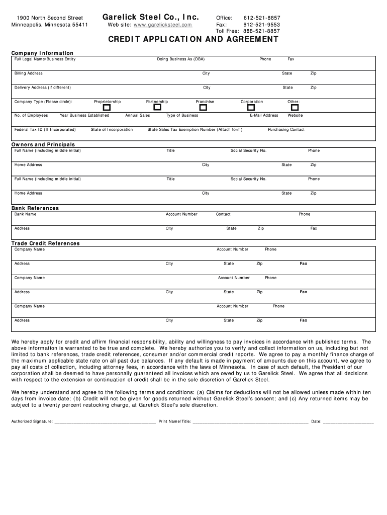 Garelick Steel Co , Inc CREDIT APPLICATION and AGREEMENT  Form
