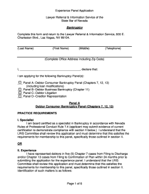 Bankruptcy Experience Panel Application State Bar of Nevada Nvbar  Form
