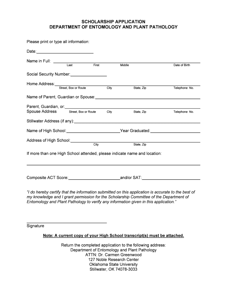 SCHOLARSHIP APPLICATION DEPARTMENT of ENTOMOLOGY Entoplp Okstate  Form