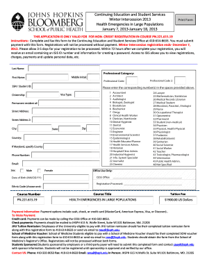 Continuing Education and Student Services Winter Intercession Jhsph  Form