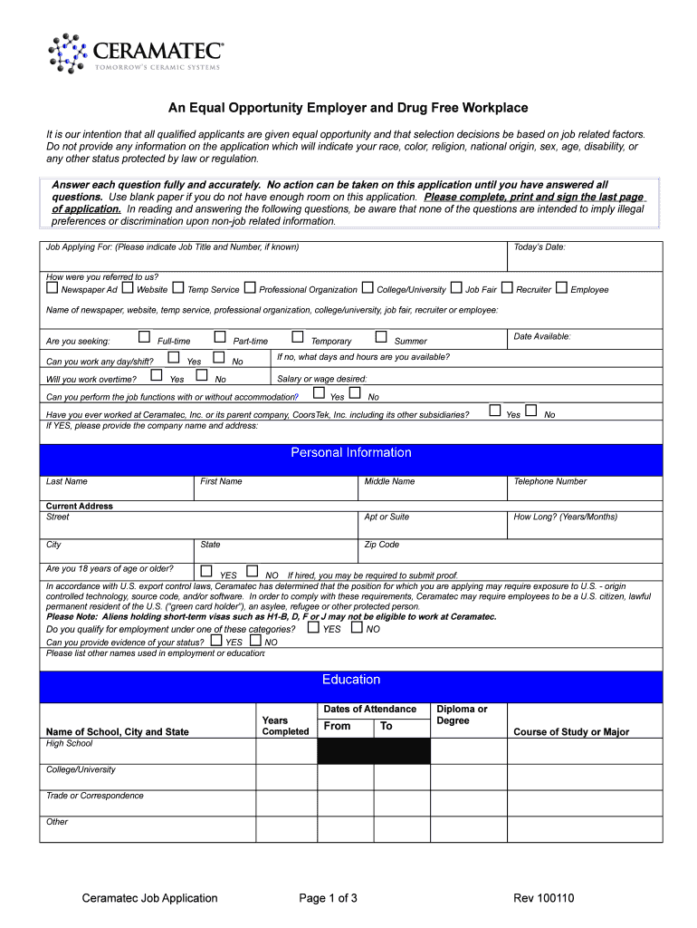 Application for Employment Ceramatec  Form