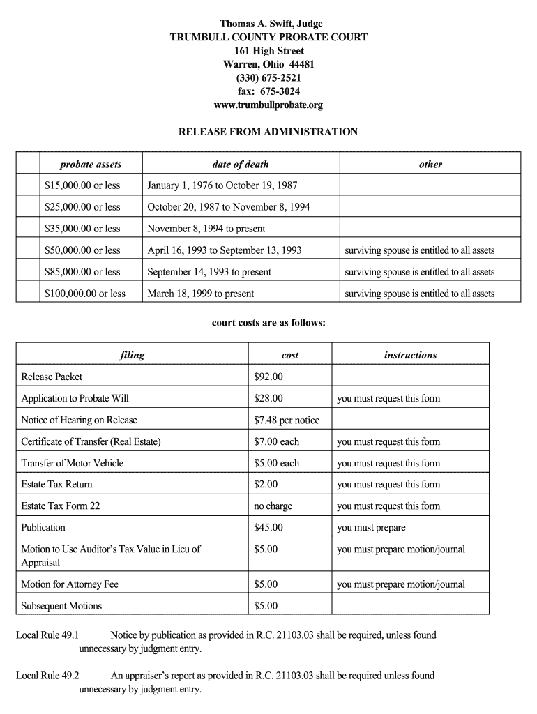 Swift, Judge TRUMBULL COUNTY PROBATE COURT 161 High Street Warren, Ohio 44481 330 675 2521 Fax 675 3024 Www Trumbullprobate  Form