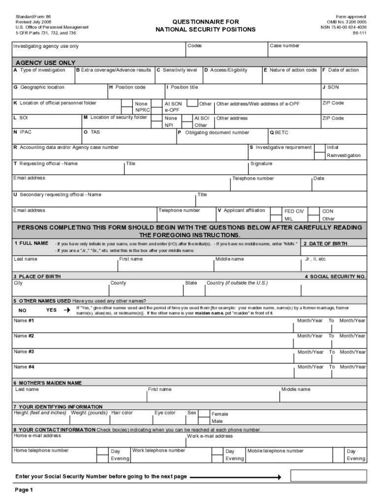 Sf 86 Fillable PDF  Form