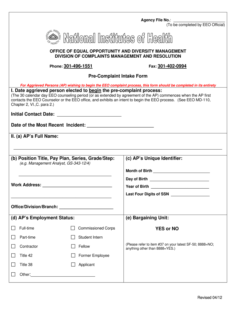  Nih Eeo Form Complaint 2012-2024