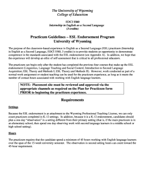 Practicum Guidelines ESL Endorsement Program University of Uwyo  Form