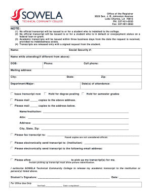 Get and Sign Sowela Transcript Request  Form