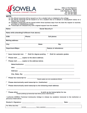 Sowela Transcript Request  Form