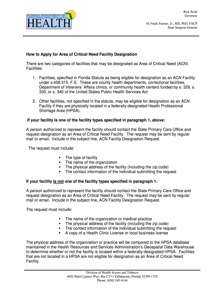 Area of Critical Need Facility Designation Request Application  Form