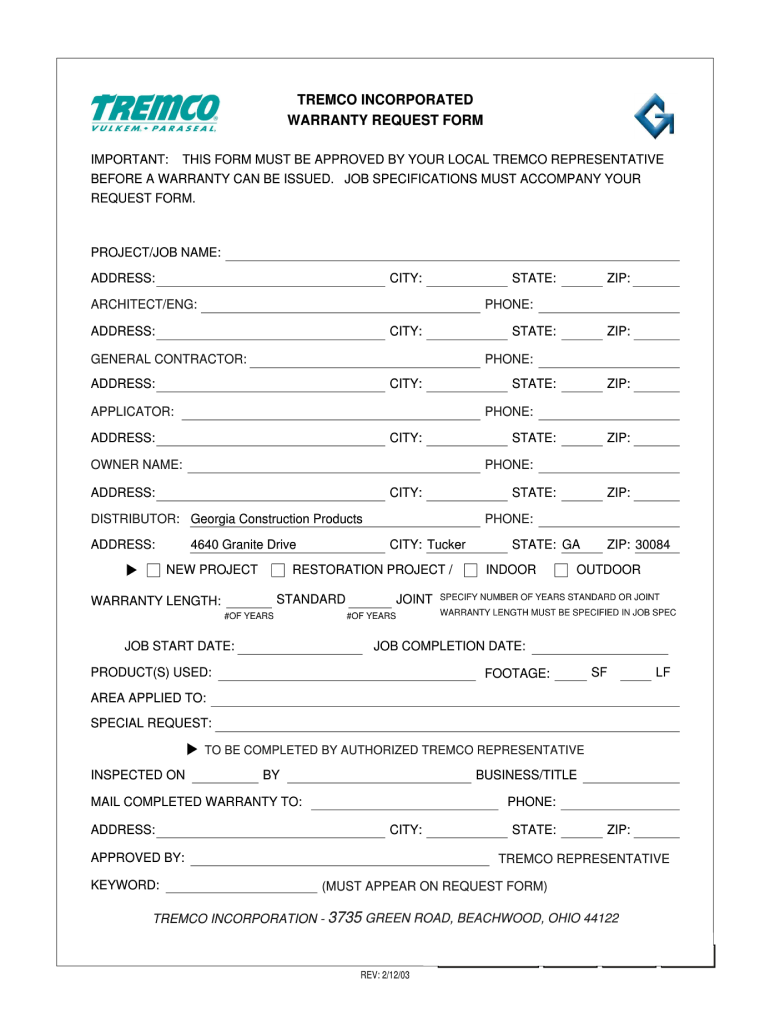  Tremco Warranty Request 2003-2024