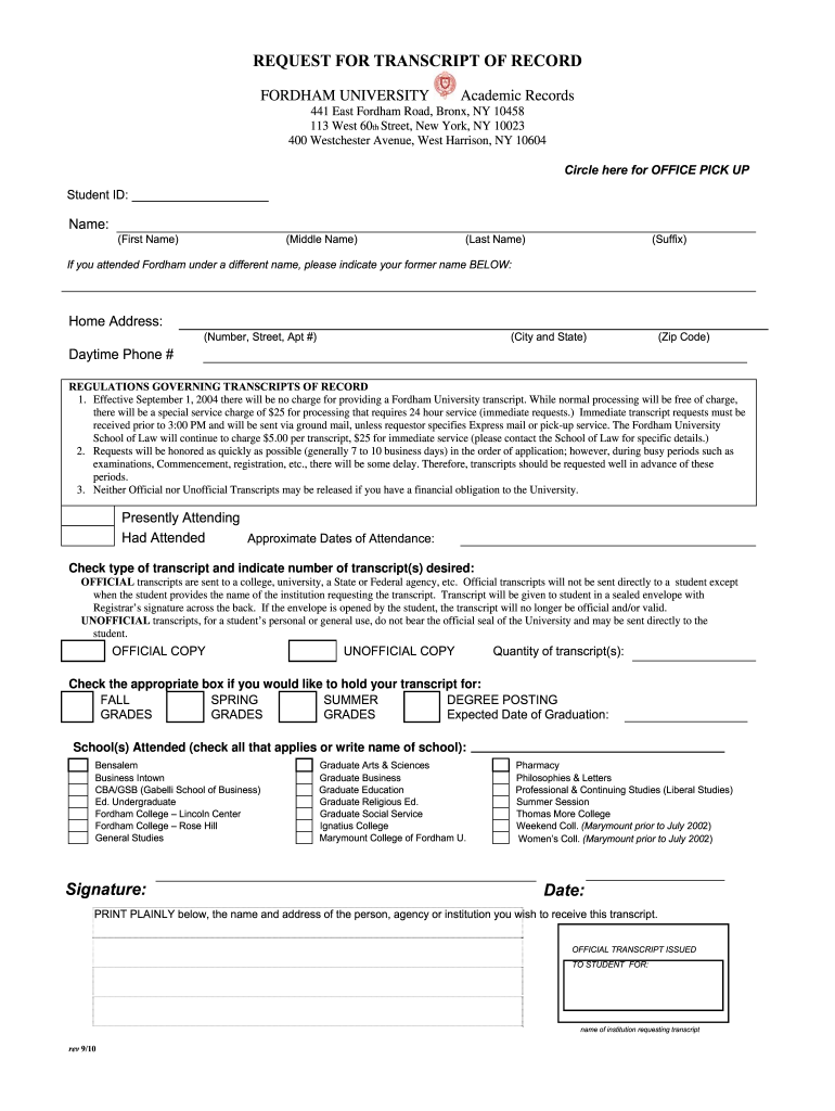 Get and Sign Fordham University Transcriptssocial Work 2010 Form