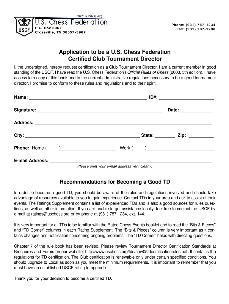 Chess Tournament Director Certification  Form