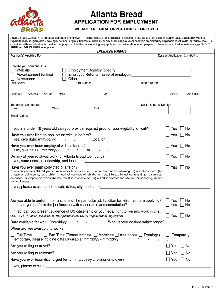 Atlanta Bread Company Careers  Form