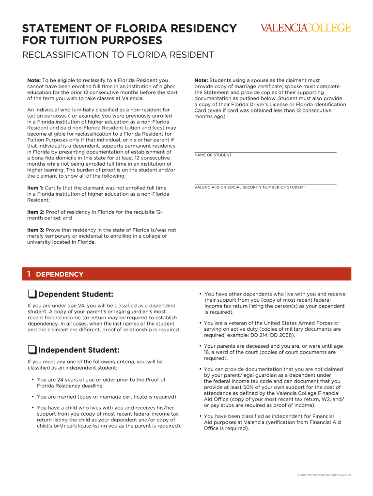 Valencia Florida Residency  Form