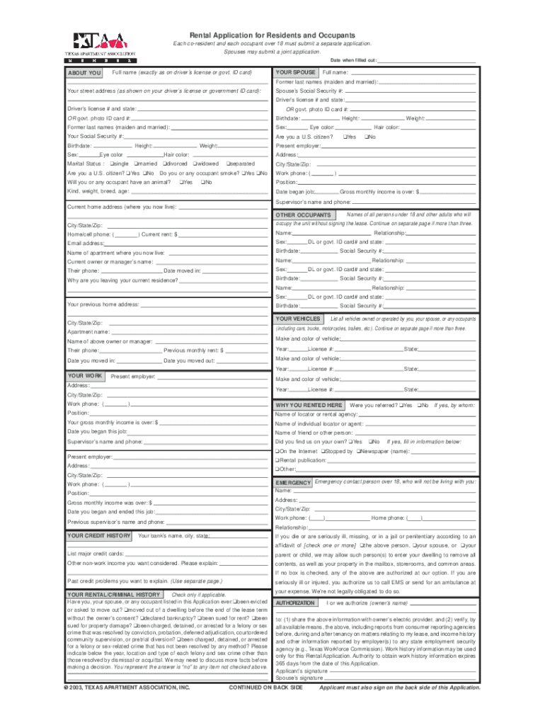 Taa Rental Application Fillable  Form
