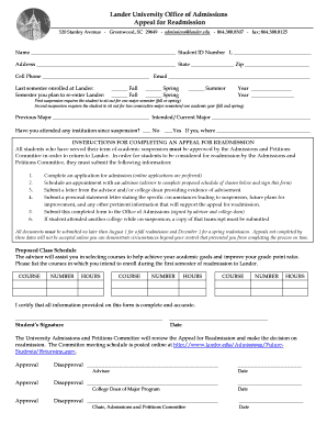 APPEAL for READMISSION Lander University Lander  Form