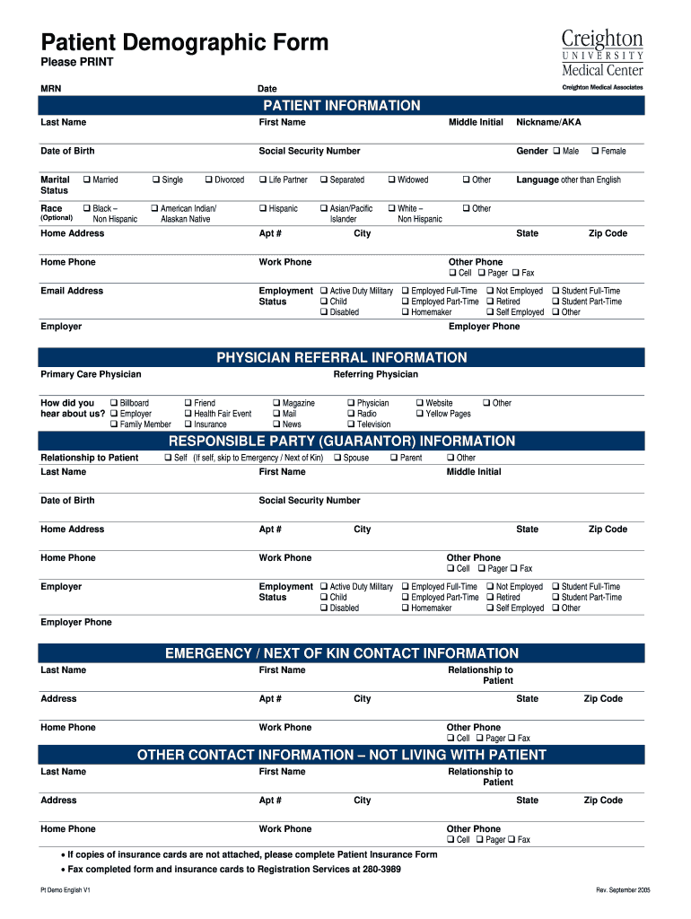  Printable Patient Demographic Form 2005-2024