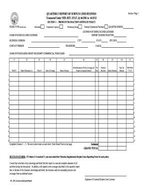 Quarterly Report of Surplus Lines Business Nebraska Form