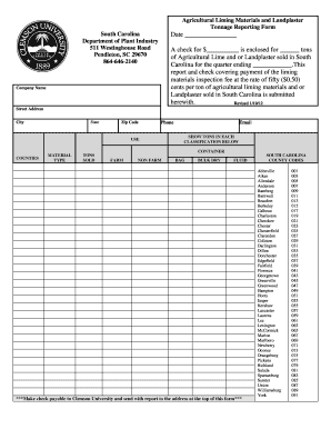 South Carolina Agricultural Lime Tonnage Report Form