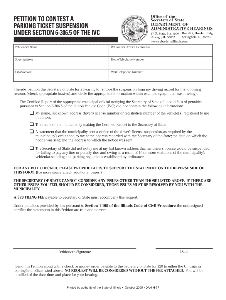 Petition to Contest a Parking Ticket Suspension under Section 6  Form