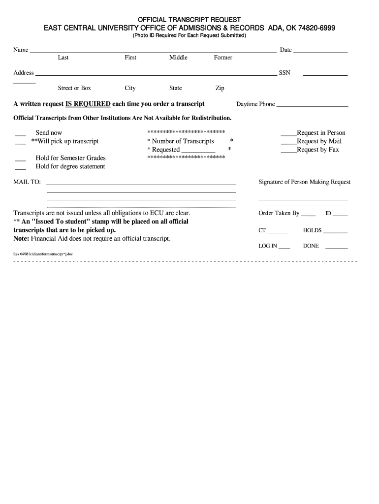 East Central University Transcript Request  Form
