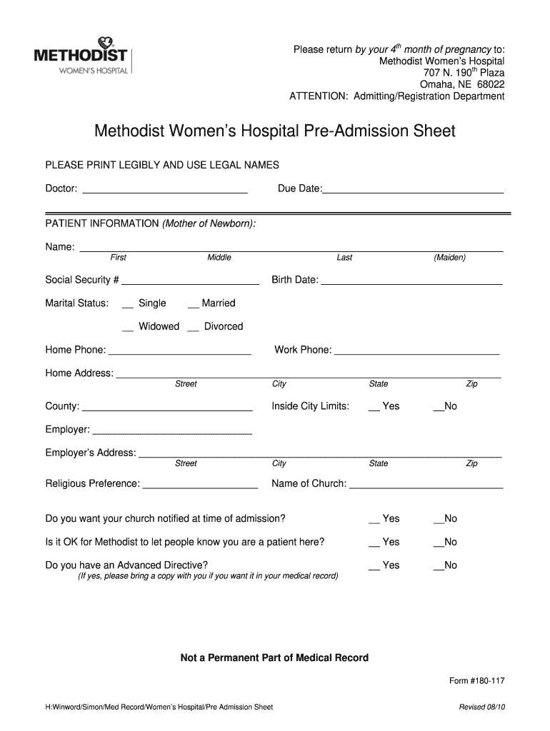  Hospital Admittance Form 2010-2024