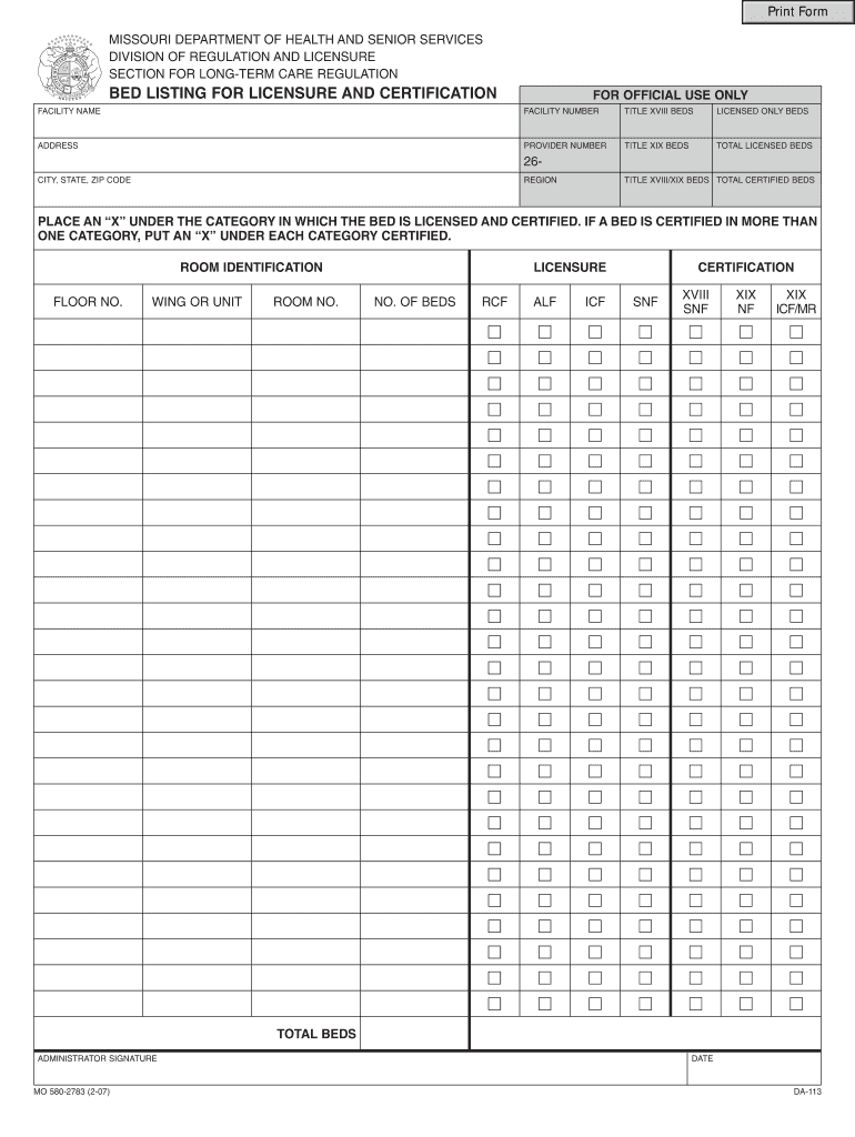 Bed Listing Mo 5802783  Form