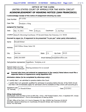 Ninth Circuit Acknowledgment of Hearing Notice  Form