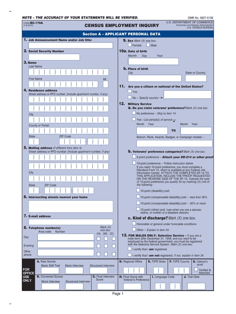 A Census Employment Inquiry Bc 170  Form