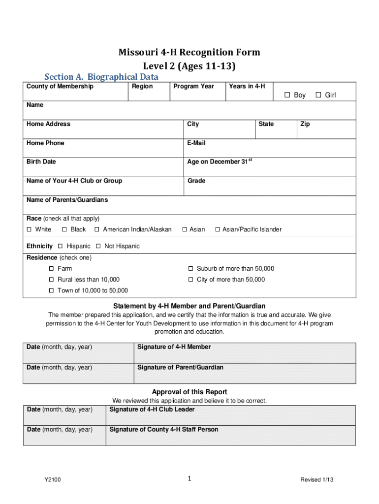  Missouri 4 H Recognition Form Level 2 2008
