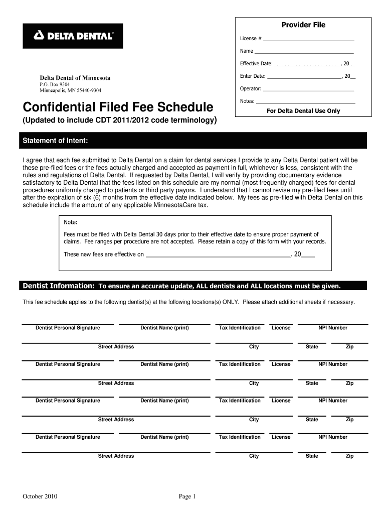  Delta Dental of Minnesota Fee Schedule Form 2010